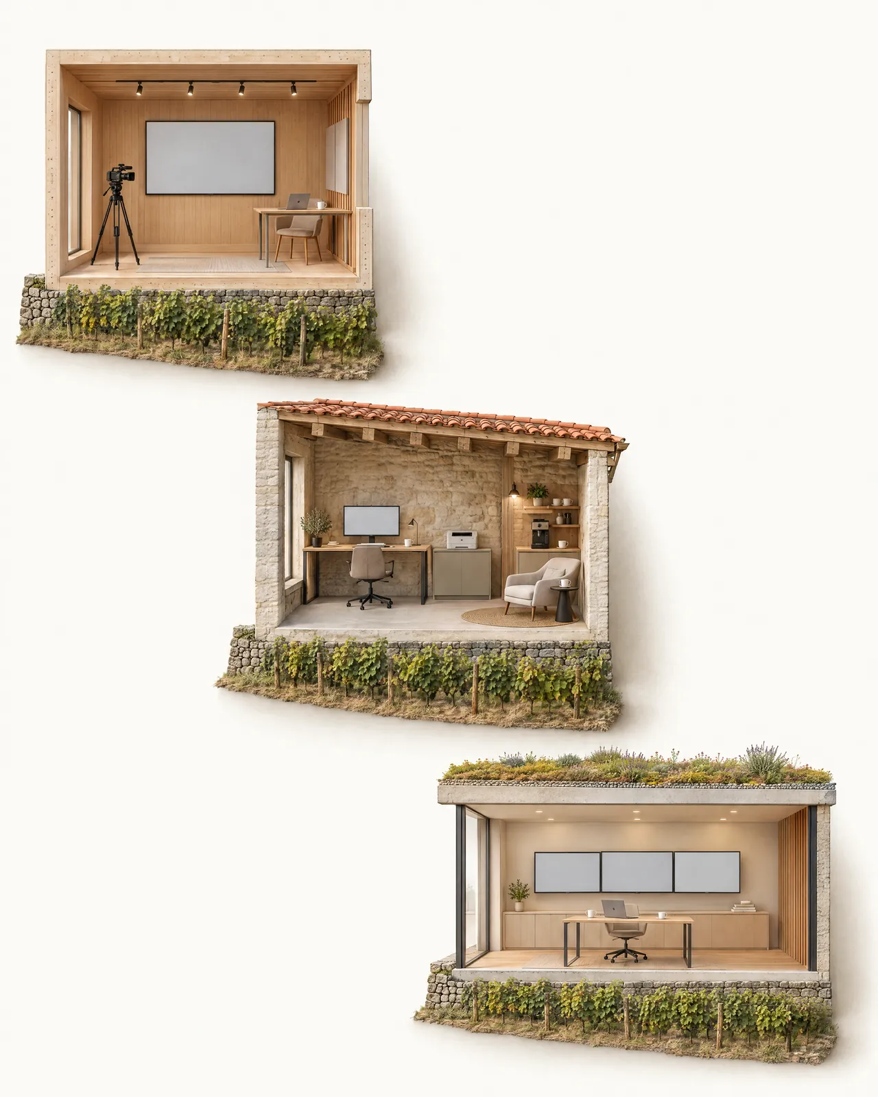 3 maquettes de pièces en coupe, posées en cascade sur leur tranche de vigne, où 4 mini-employés travaillent.
